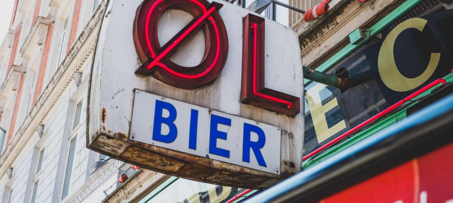 Beer sign at bodega in Vesterbro "Øl", Copenhagen, Denmark