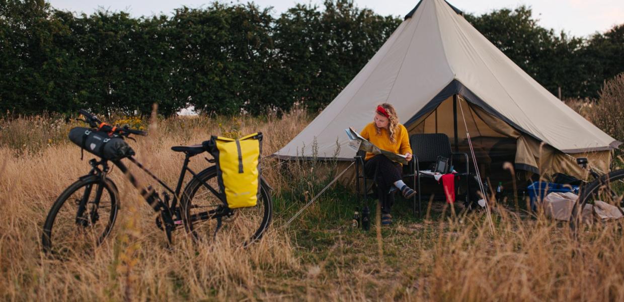 Camping with tent on cycling trip in Ærøskøbing, Ærø, Fyn